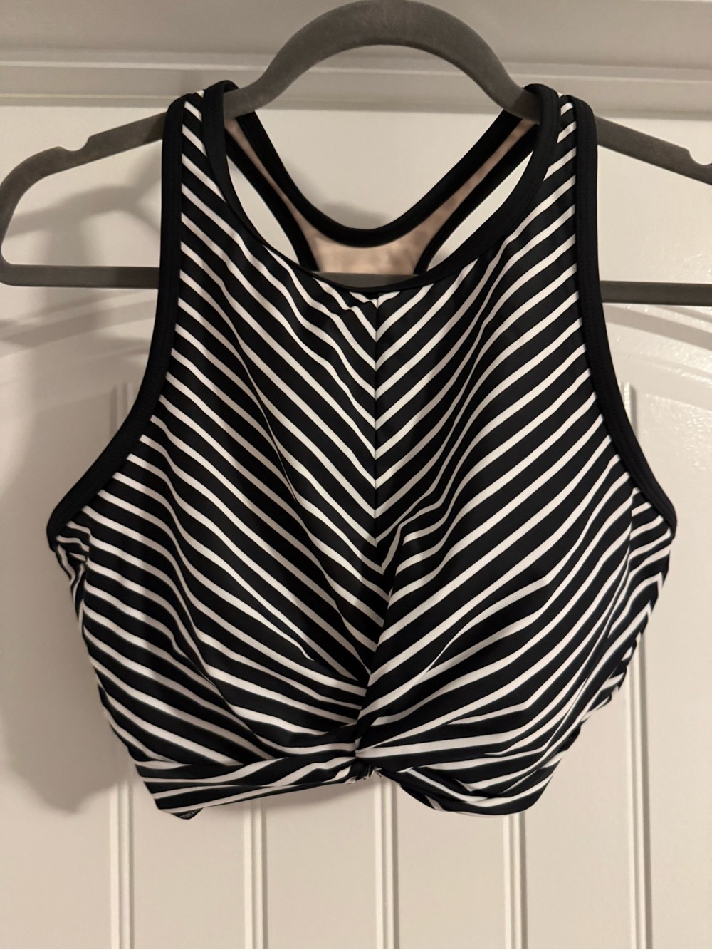 Kona Sol Black and White Striped High Neck Bikini Top